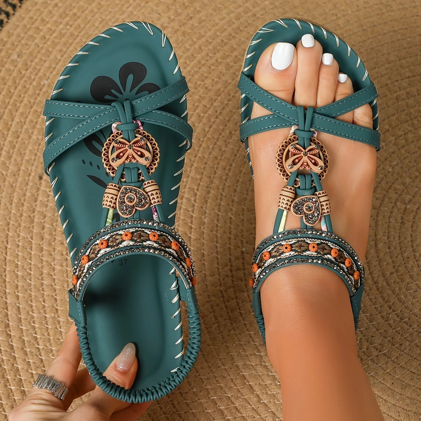 Women Bohemian Flower Rubber Retro Hollow Sandals