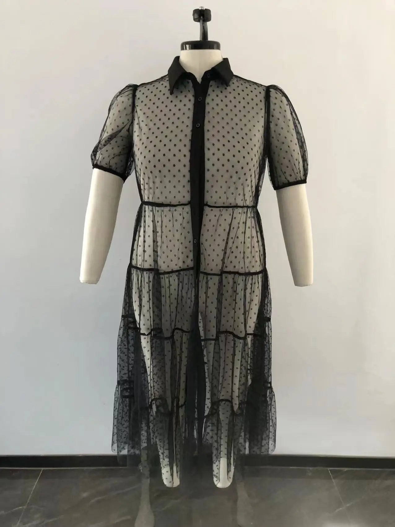 Short Sleeve Summer Mesh Transparent Sexy Black Dress