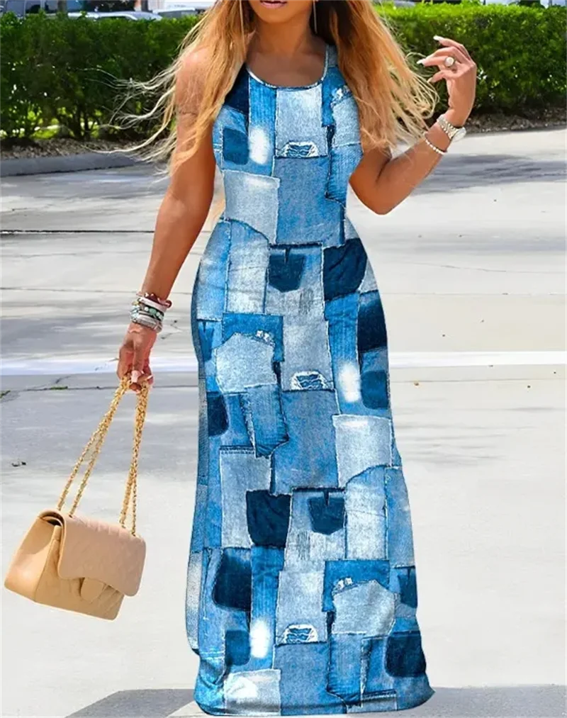 Denim Look U-Neck Maxi Dress