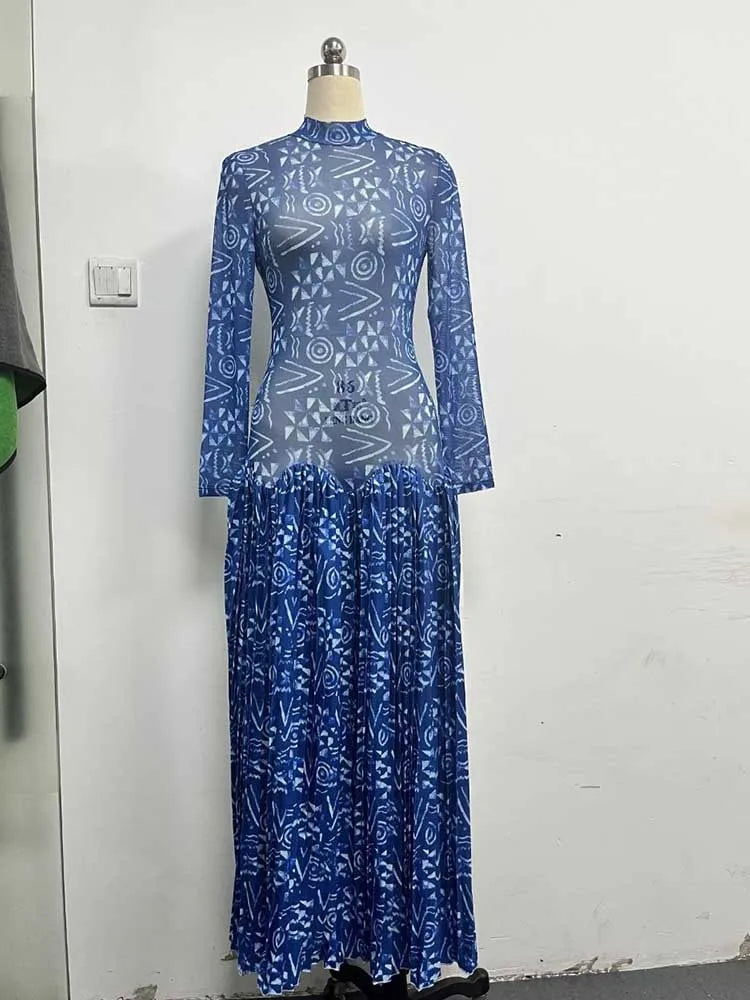 Royal Blue  Mid-turtleneck High Waist Transparent Dress with Sleeves