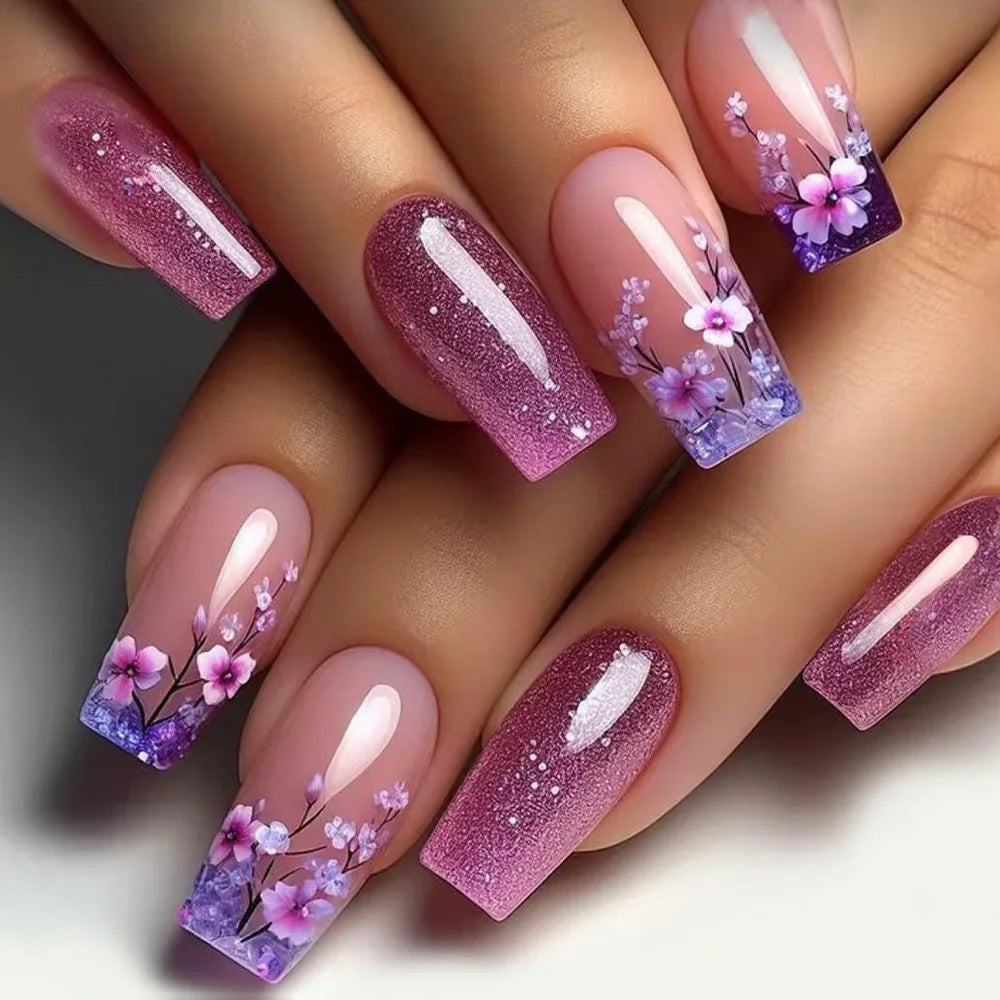 24pc Press on Nails Flower Design Mid-length Ballet