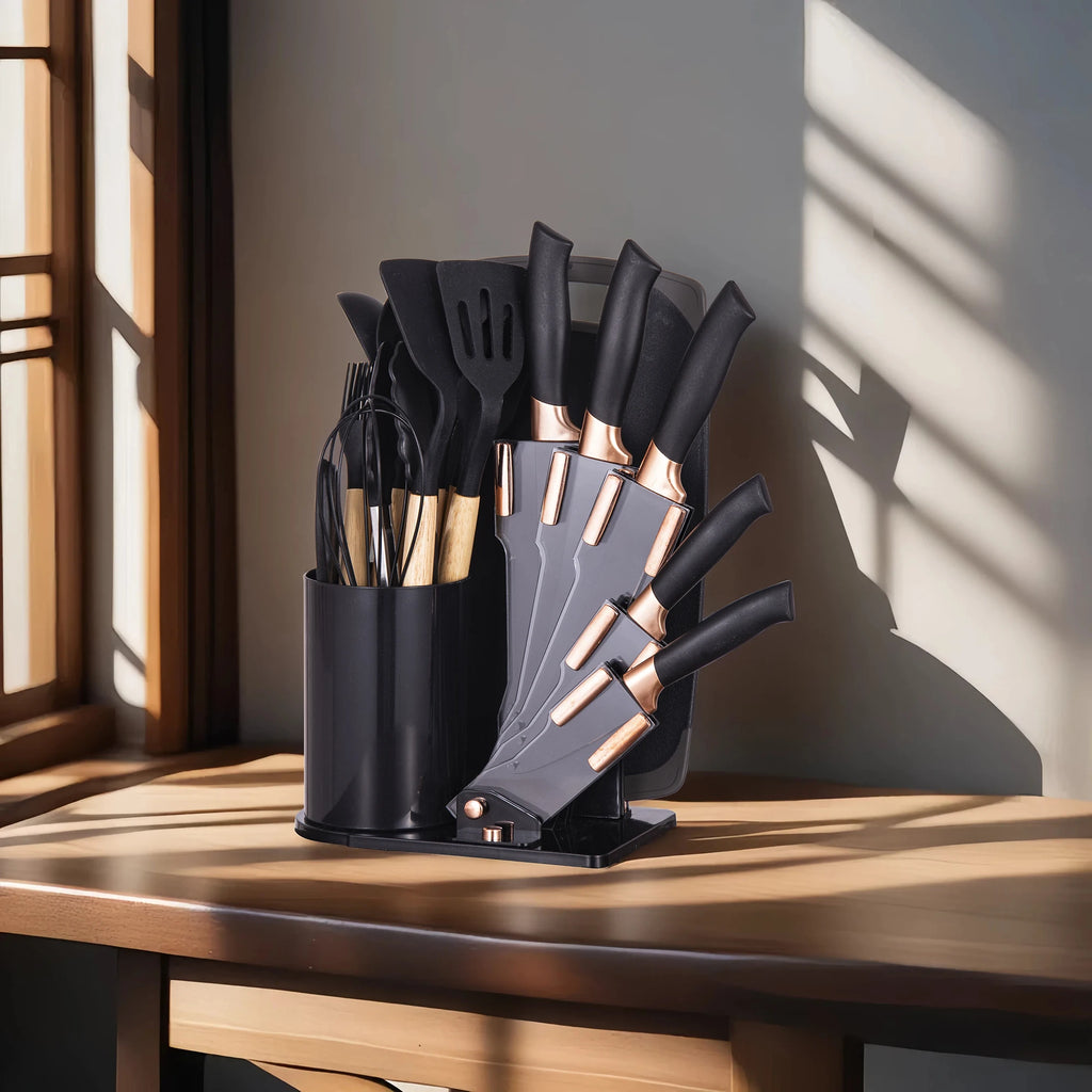 19Pc Professional Kitchen Knife Set with Silicone Cooking Utensils & Cutting Board