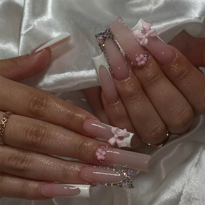 24Pc Long Ballet False Nails Pink Butterfly with Rhinestones French Design