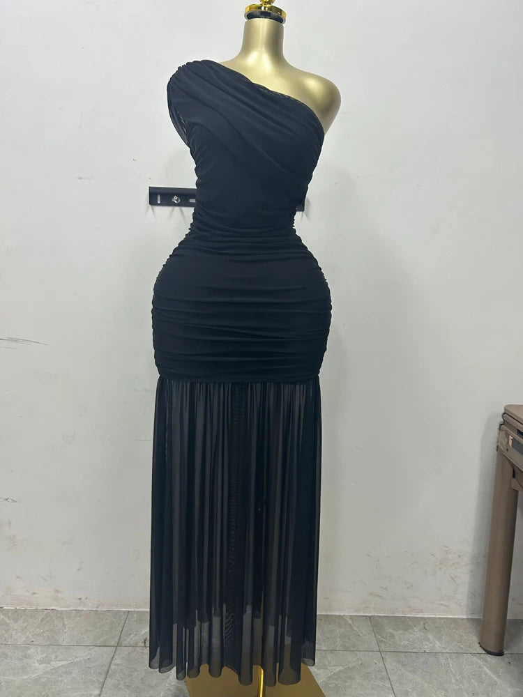 Elegant Skew Neck One Sleeve Off Shoulder Mesh Slit Long Dress