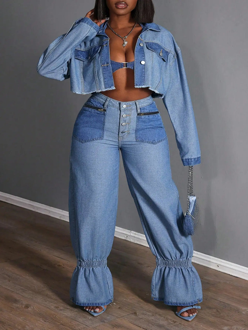 Plus Size Women Loose Versatile Denim Jeans With Zipper Pockets And Ruffle Hem