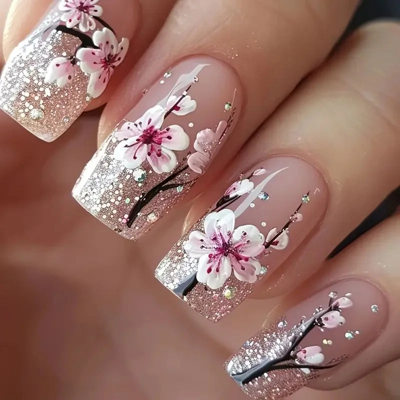24pc Press on Nails Flower Design Mid-length Ballet