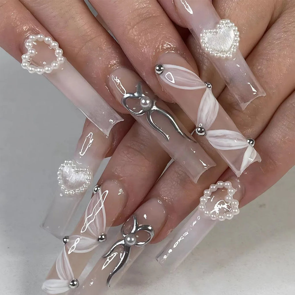 24Pc Long Ballet False Nails Pink Butterfly with Rhinestones French Design