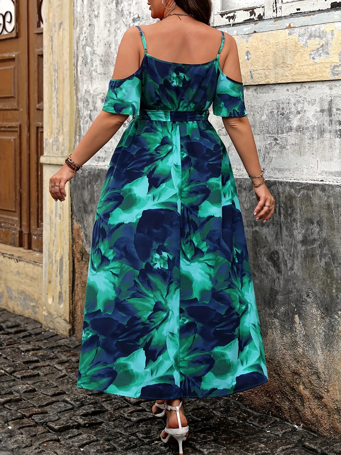 Plus Size Women's Floral Print Off the Shoulder Slip Dress