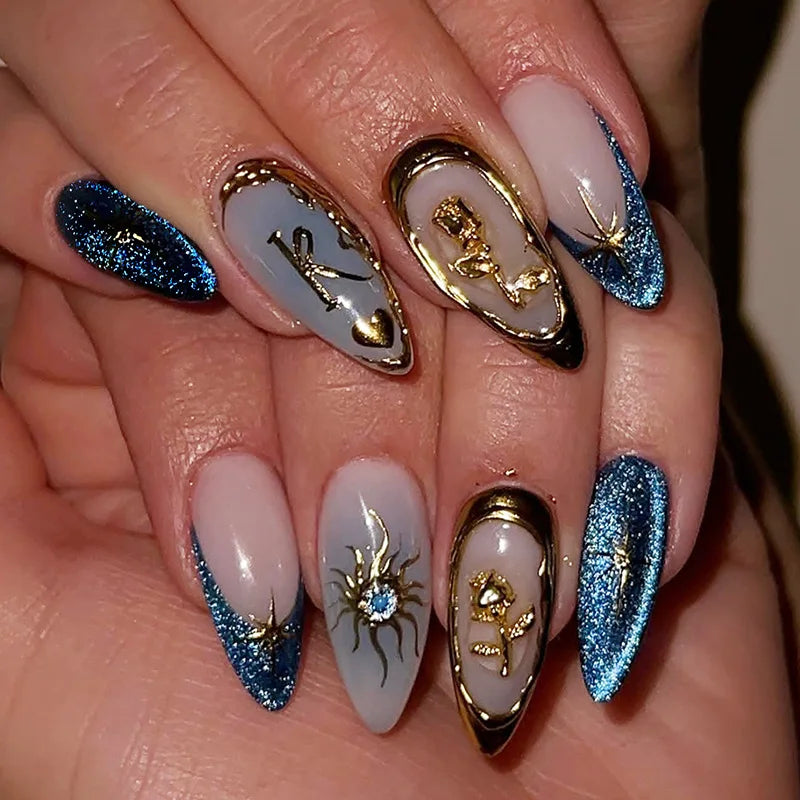 24Pcs Mid-length Gilded Almond Nails Set Press on Nails