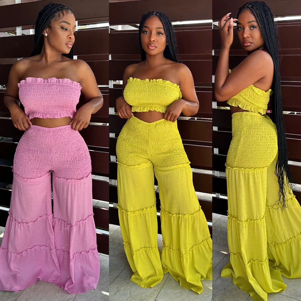 2pc Boho Ruffled Two Piece Pants Set