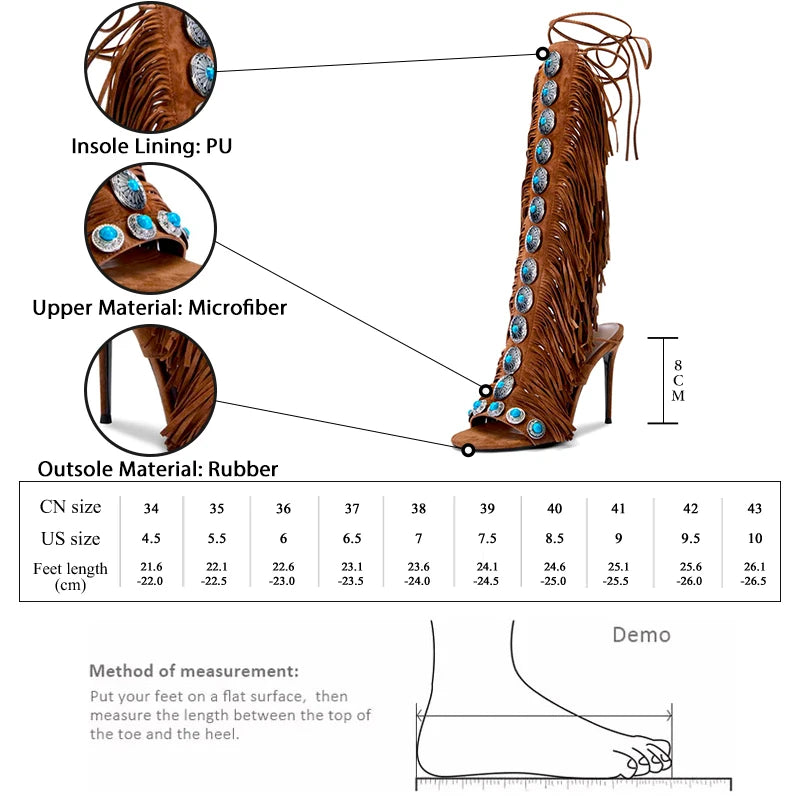 Women's Knee High Boots Fringe Strappy Sandals Open Toe Lace-up Tassels