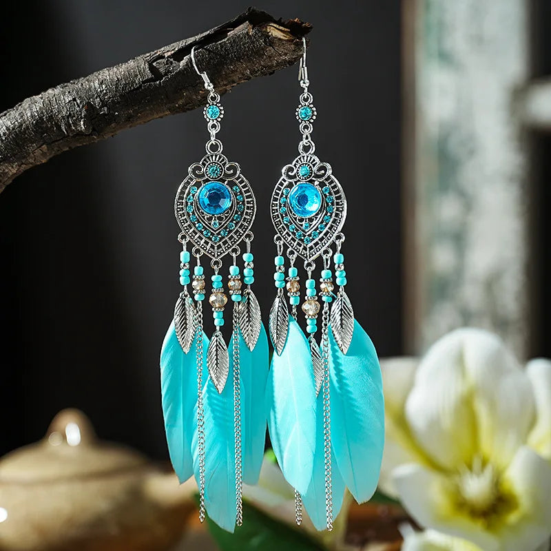Boho Feather Long Leaf Tassel Drop Earrings