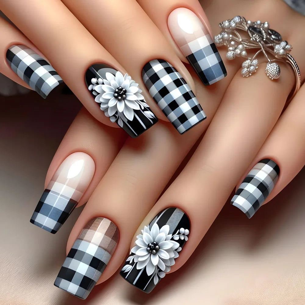 24pc Press on Nails Flower Design Mid-length Ballet