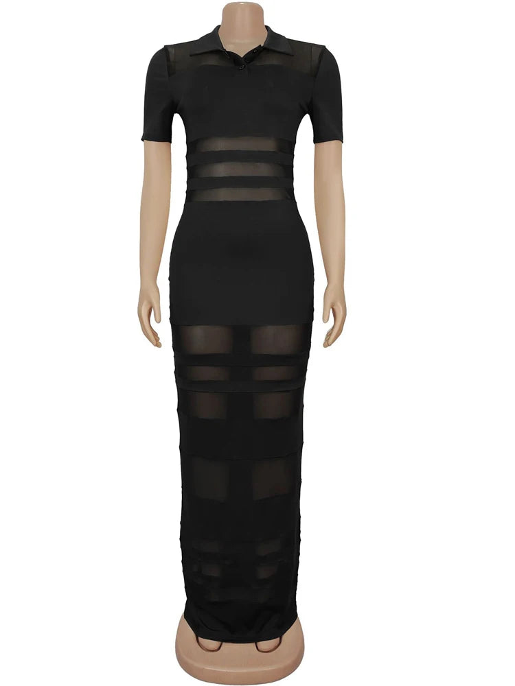 Beyprern Women's See-Through Striped Sheer Polo Maxi Dress