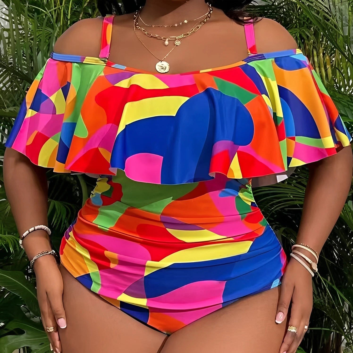 Plus Size One Piece Swimsuit Strappy Printed Ruffle