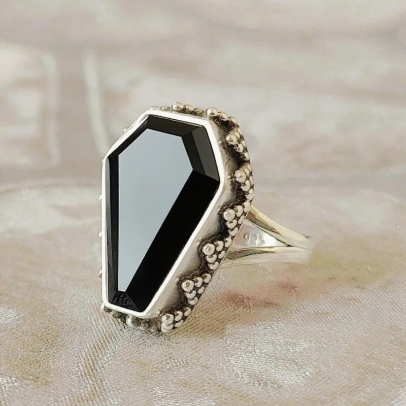 Retro Imitate Garnet Coffin Shape Silver Ring