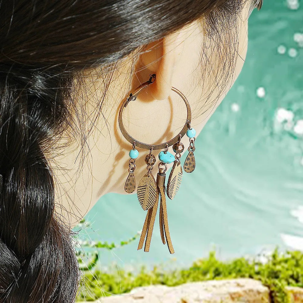 Vintage Boho Long Hook Tassel Leaves Earrings