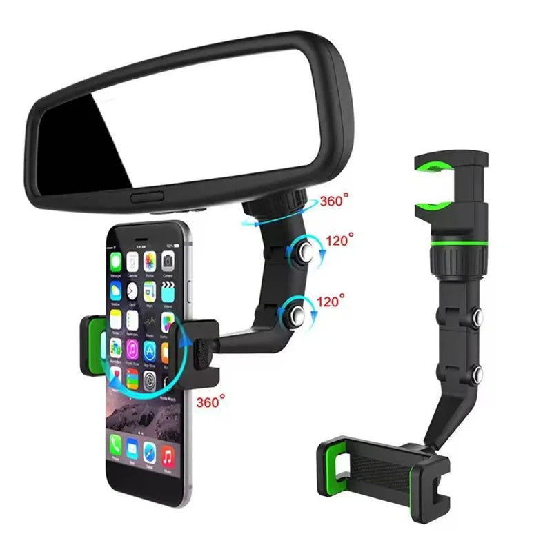 Rearview Mirror Phone Holder 360° Rotatable and Retractable Car Phone Mount