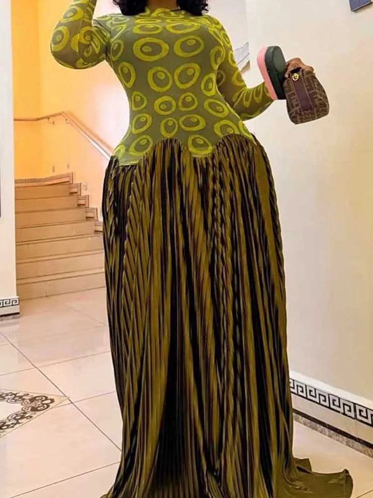 High Waist Long Sleeve Pleated Dress