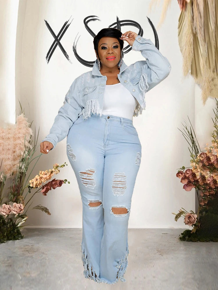 High Waist Woman Tassel Vintage Ripped Jeans