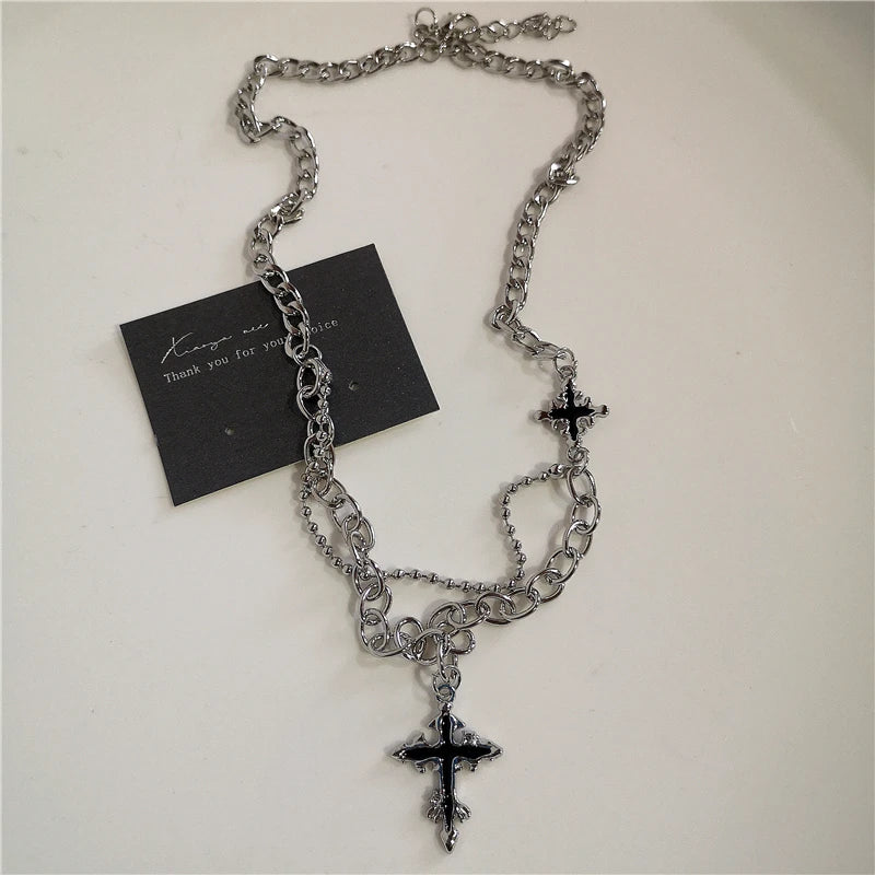 Punk Rock Goth Black Heart Cross Pendant Chain Necklace
