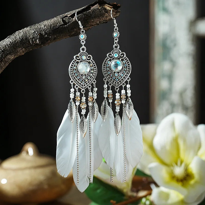 Boho Feather Long Leaf Tassel Drop Earrings