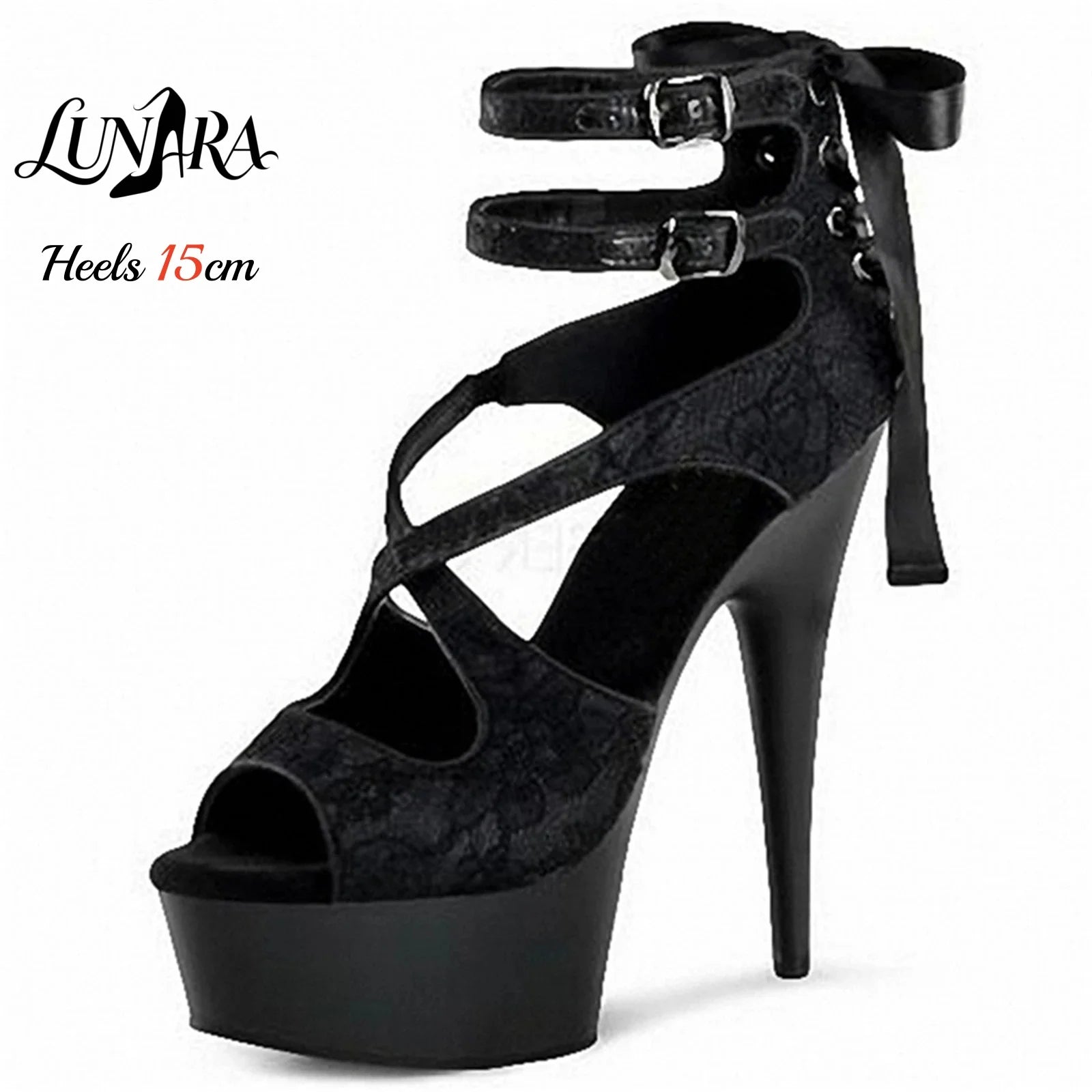 Black Red Lace Ankle Strap Buckle Open Toe Platform High Heel