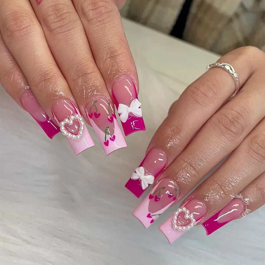 24Pc Long Ballet False Nails Pink Butterfly with Rhinestones French Design