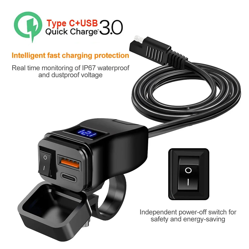 PD QC3.0 Motorcycle USB Fast Charger 60W Handlebar Dual USB Socket