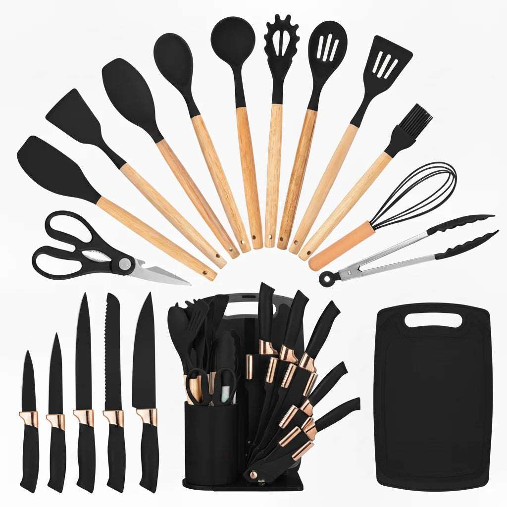 19Pc Professional Kitchen Knife Set with Silicone Cooking Utensils & Cutting Board