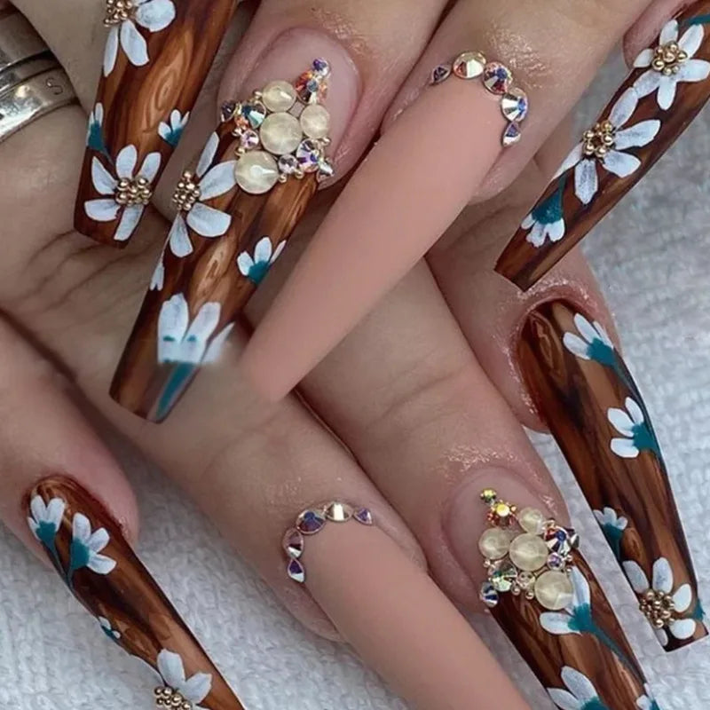 24Pc Long Ballet False Nails Pink Butterfly with Rhinestones French Design