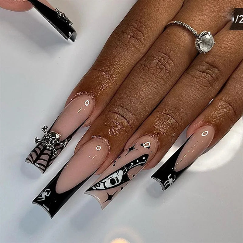 Scary Blood Skull Long Coffin Ballet Halloween Press on Nails