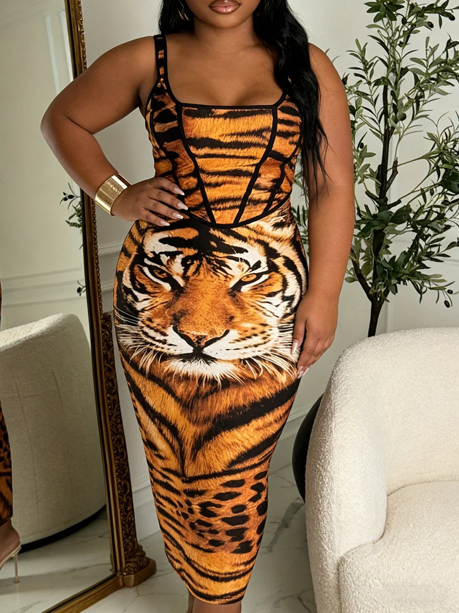 Plus Size Women's Dress Spaghetti Strap Tiger Print Corset Bodycon Midi Dress