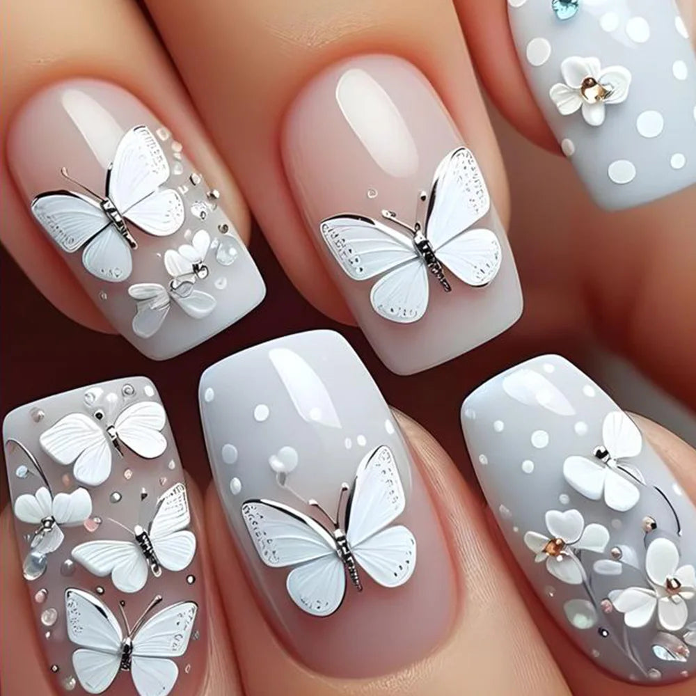24pc Press on Nails Flower Design Mid-length Ballet