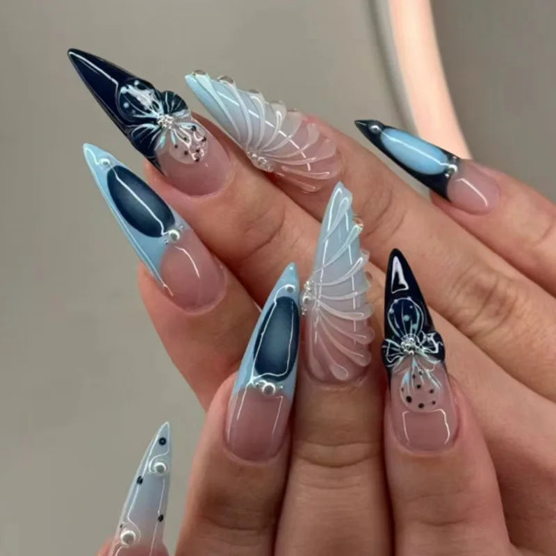 24Pc Black Butterfly Diamond Halloween Long Almond Press on Nails Tips