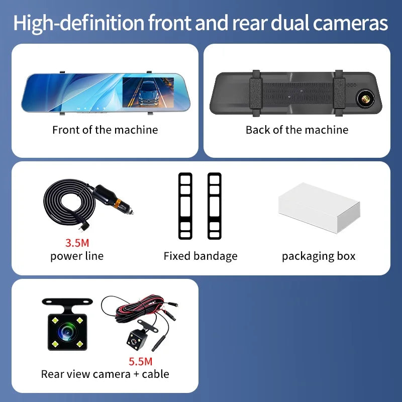 5MP Dash Cam Dual Lens Night Vision 12In DVR Rearview Mirror