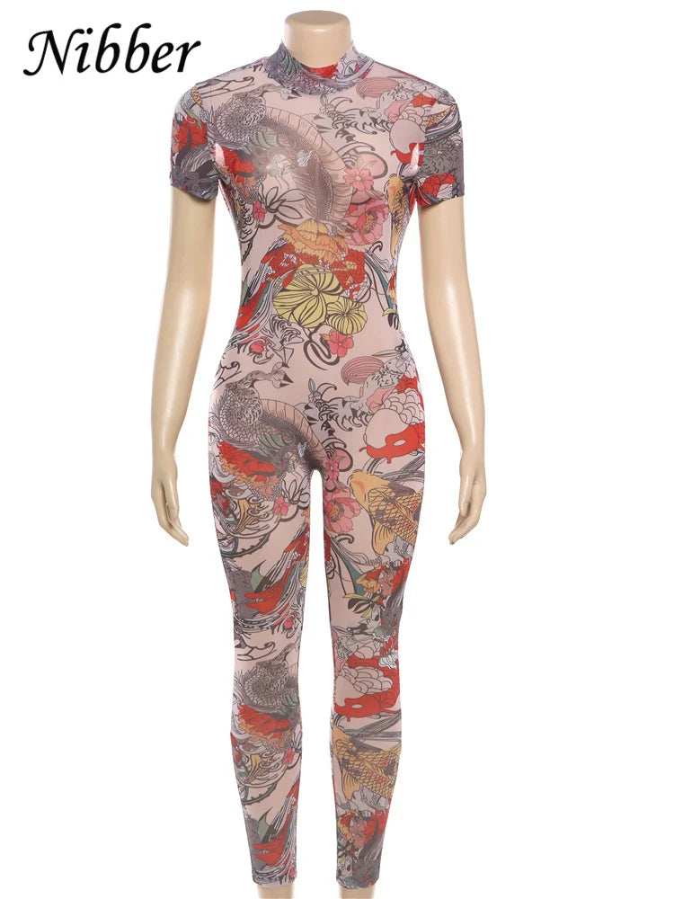 Women Backless Dragon Print Short Sleeve See Through Jumpsuit