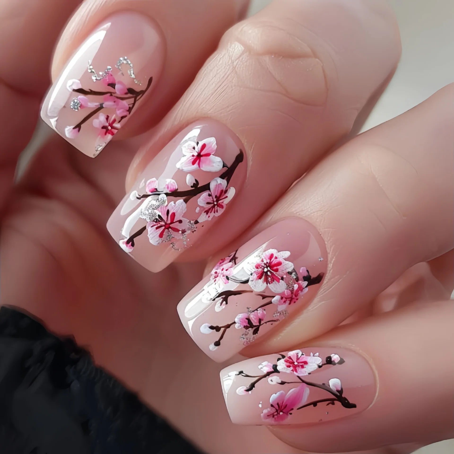 24pc Press on Nails Flower Design Mid-length Ballet