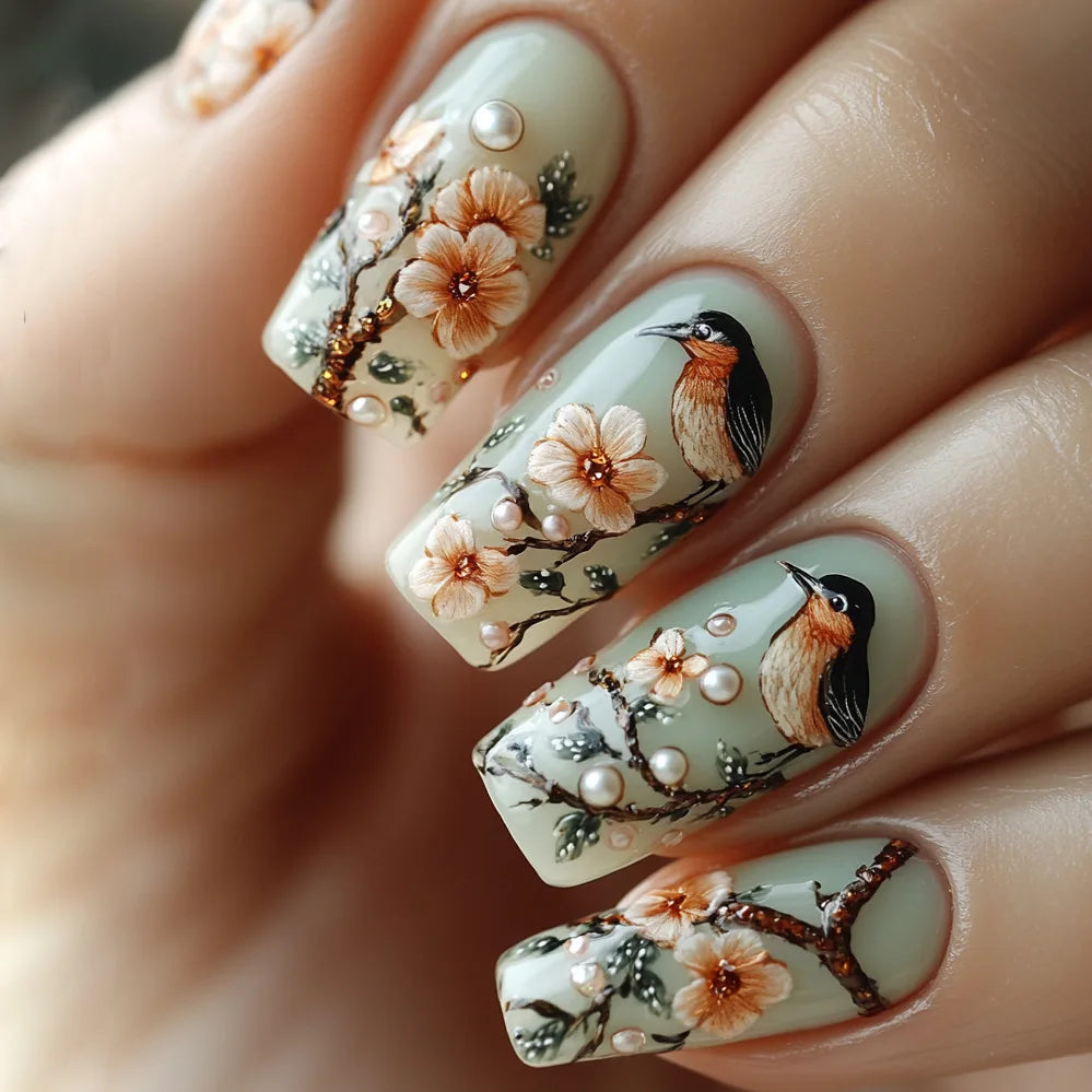 24pc Press on Nails Flower Design Mid-length Ballet