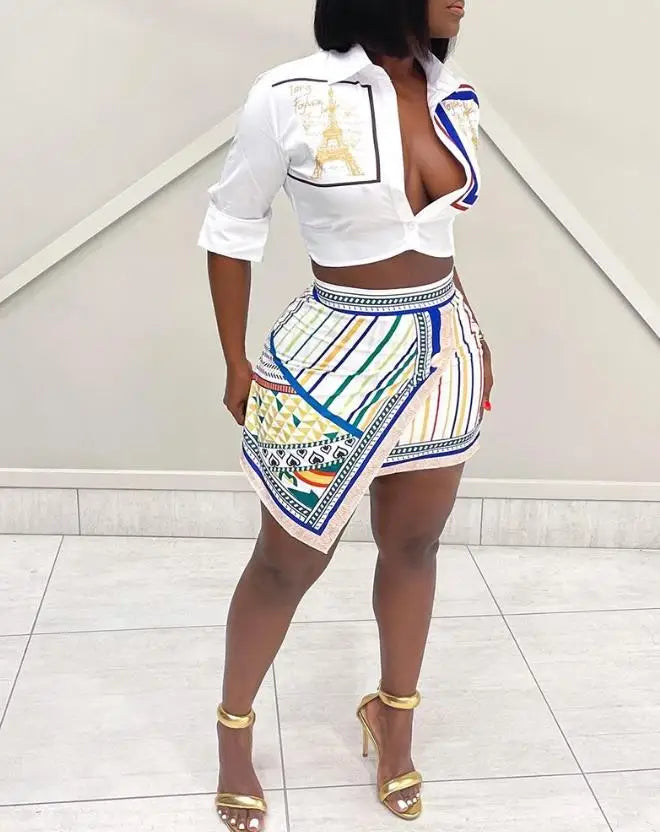Graphic Print Buttoned Turn-Down Collar Shirt & Striped Asymmetrical Skirt Set