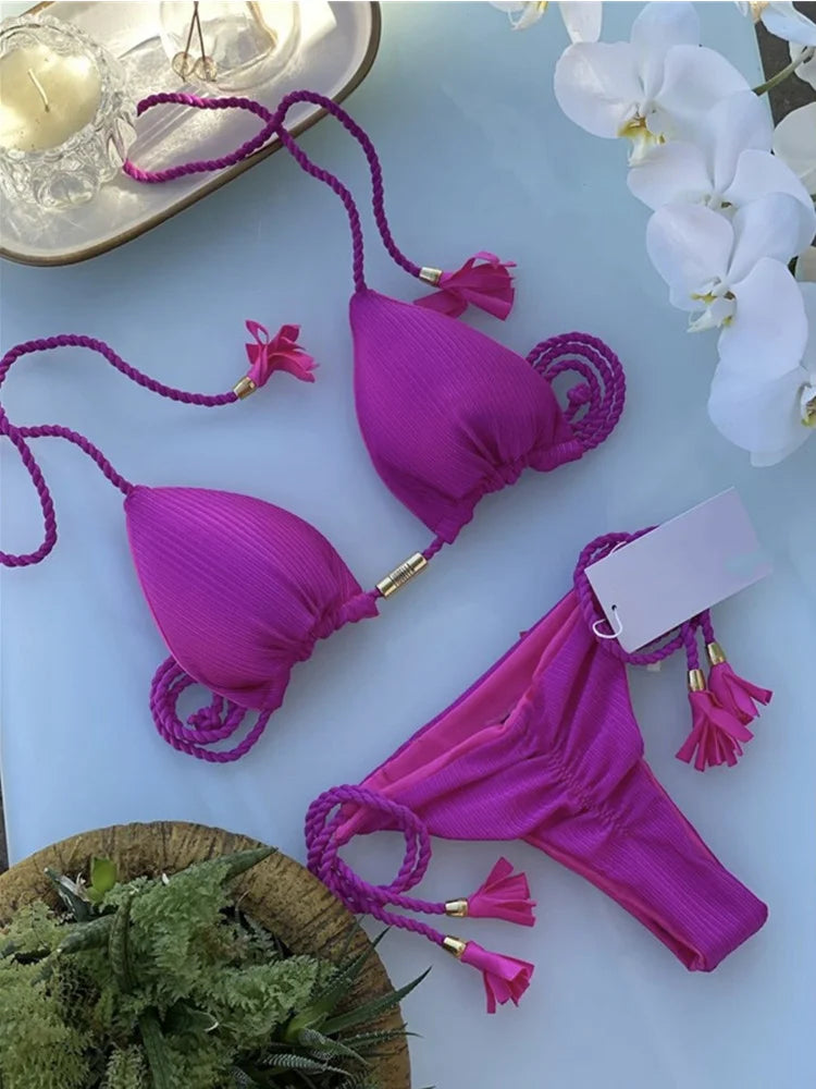 Women Backless Rope Triangle Bikini