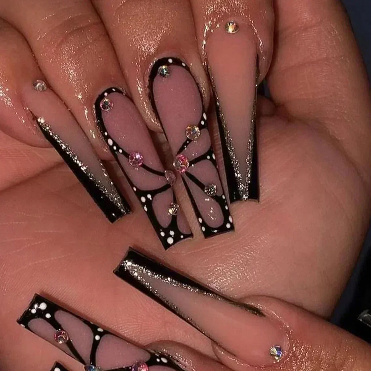 24Pc Long Ballet False Nails Pink Butterfly with Rhinestones French Design