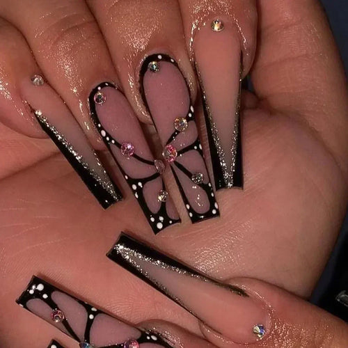 24Pc Long Ballet False Nails Pink Butterfly with Rhinestones French Design