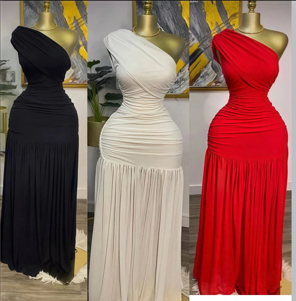 Elegant Skew Neck One Sleeve Off Shoulder Mesh Slit Long Dress