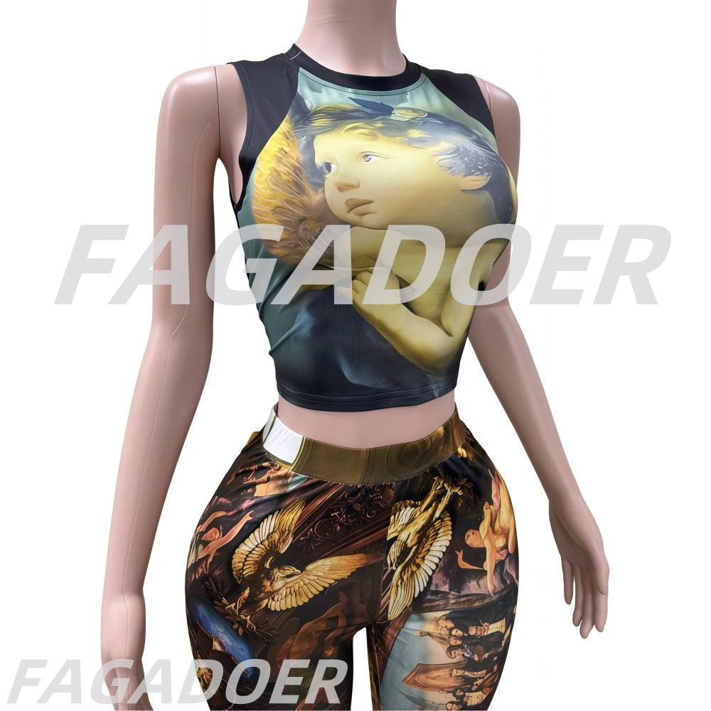2 Piece Set Woman Oil Painting Sleeveless Crop Top And Pants