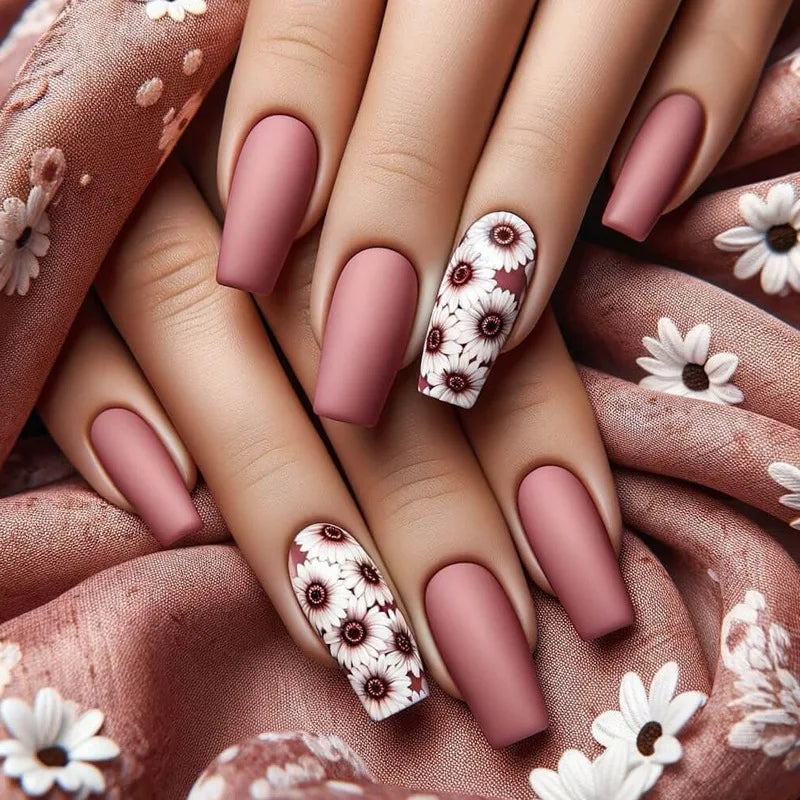24pc Press on Nails Flower Design Mid-length Ballet