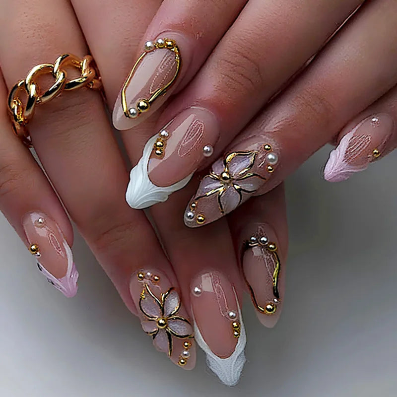 24Pcs Mid-length Gilded Almond Nails Set Press on Nails