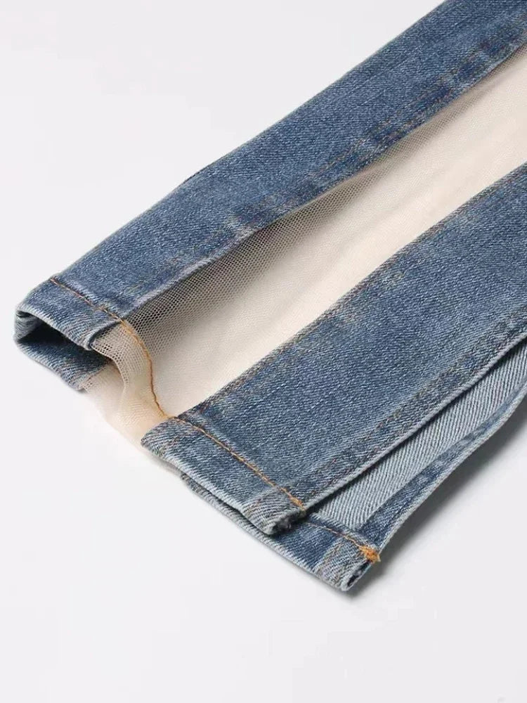 Sexy Cowboy Mesh Patchwork High Waist Blue Jean