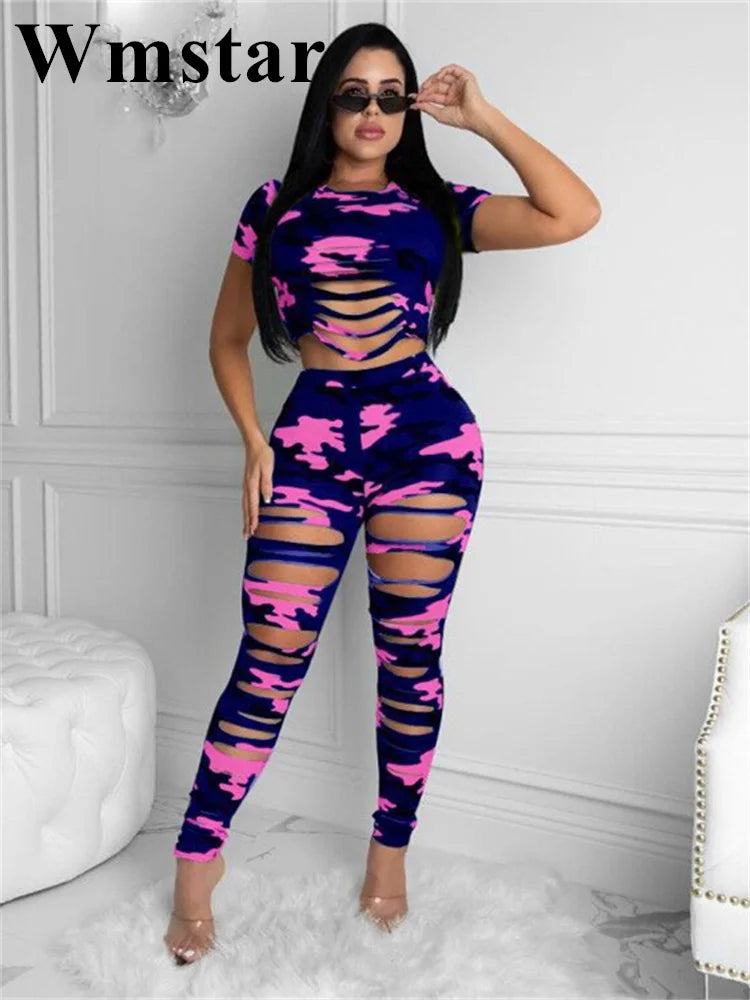 Two Piece Ripped Camouflage Print Pant Sets