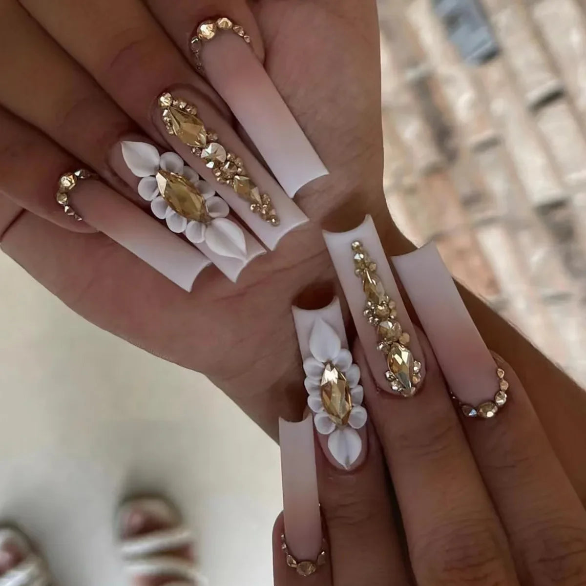24Pcs Long Coffin Rhinestones Ballet Press on Nails
